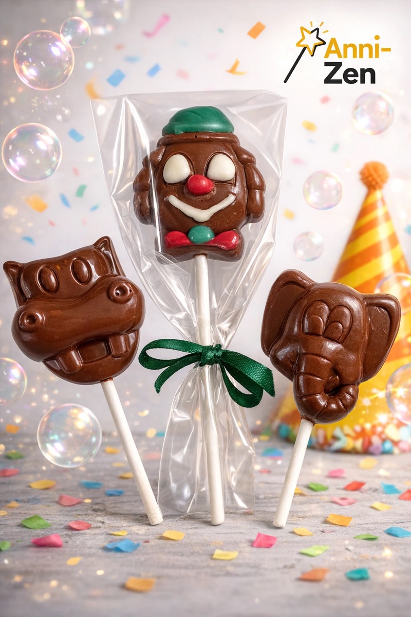 Trois sucettes en chocolat en forme de clown, d'hippopotame et d'éléphant